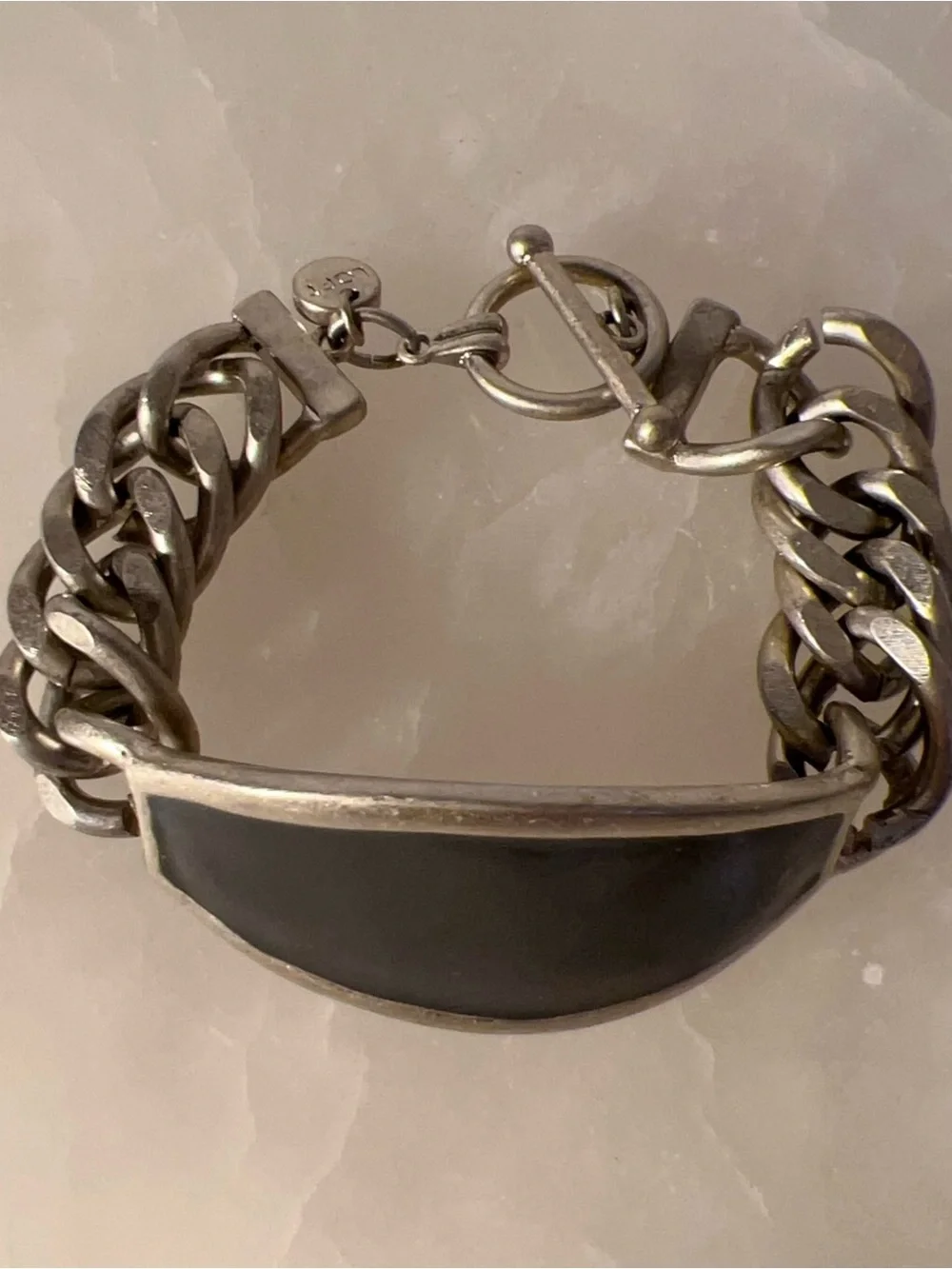 LOFT dark grey silver chunky toggle ID bracelet with Black oval centerpiece